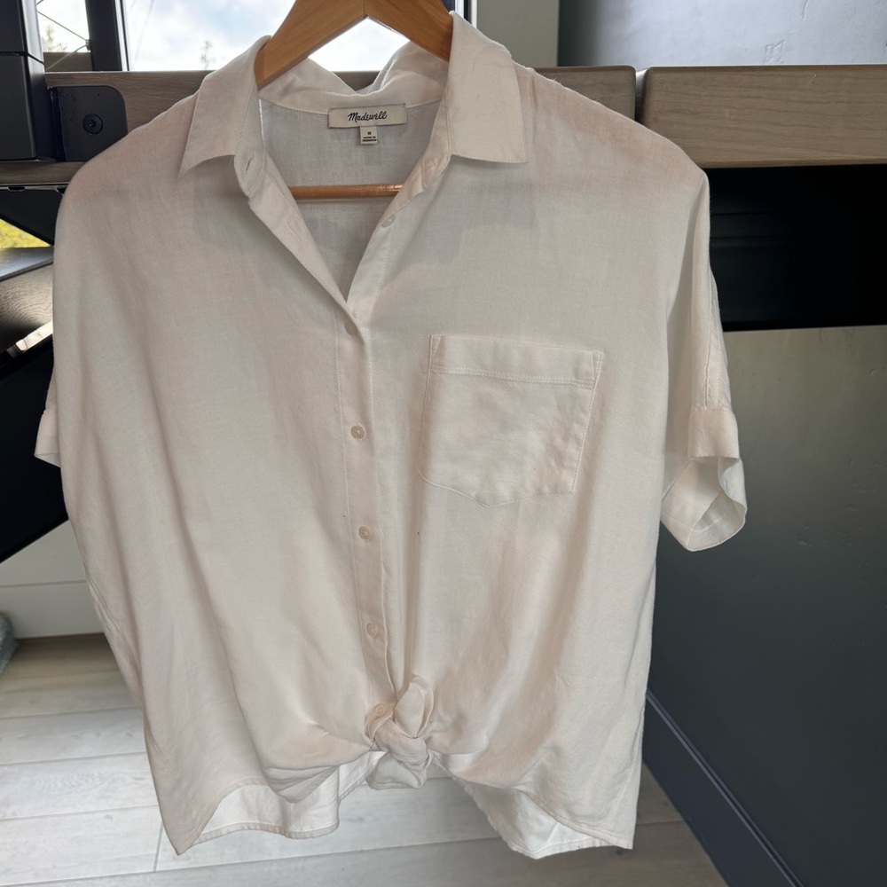 Madewell Cream Short-Sleeve Button Front Tie Blouse